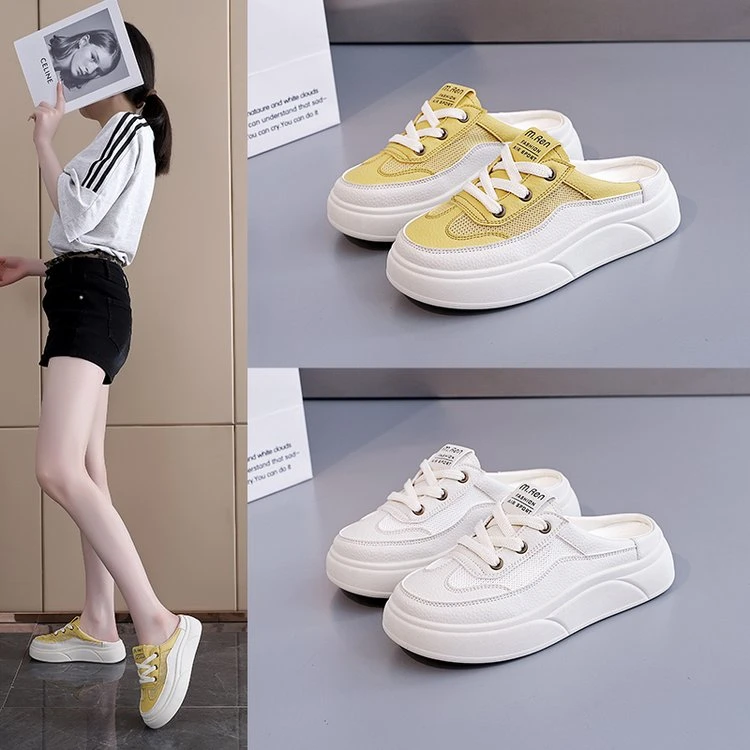 孕妇一脚蹬平底鞋懒人鞋新款休闲半拖女透气网面包头凉拖鞋小白鞋