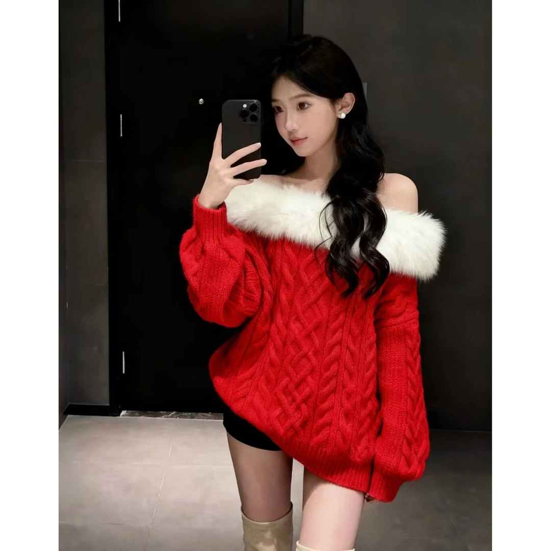 韩系毛领一字肩绞花毛衣女秋冬辣妹高级感长袖套头针织衫宽松上衣