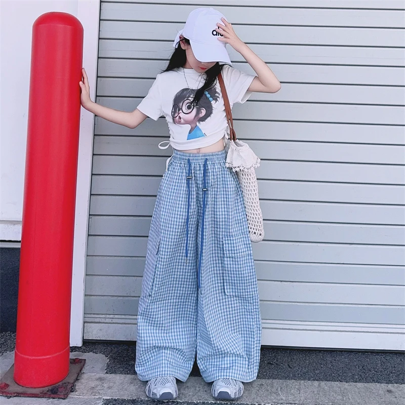 【毛妈潮牌】女童夏季格子工装裤套装2025中大童新款洋气宽松两件套