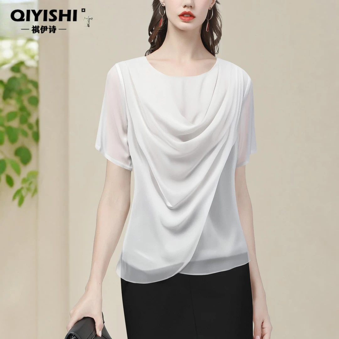 欧洲站荡领小衫女短袖上衣气质堆堆领时尚设计感百搭SE256523