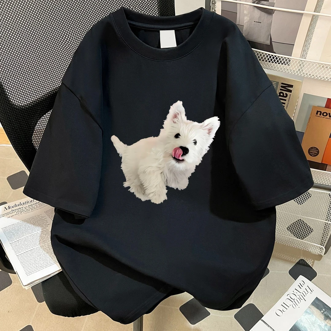 100%纯棉美式潮牌圆领狗狗可爱印花短袖t恤男女休闲宽松ins风半袖