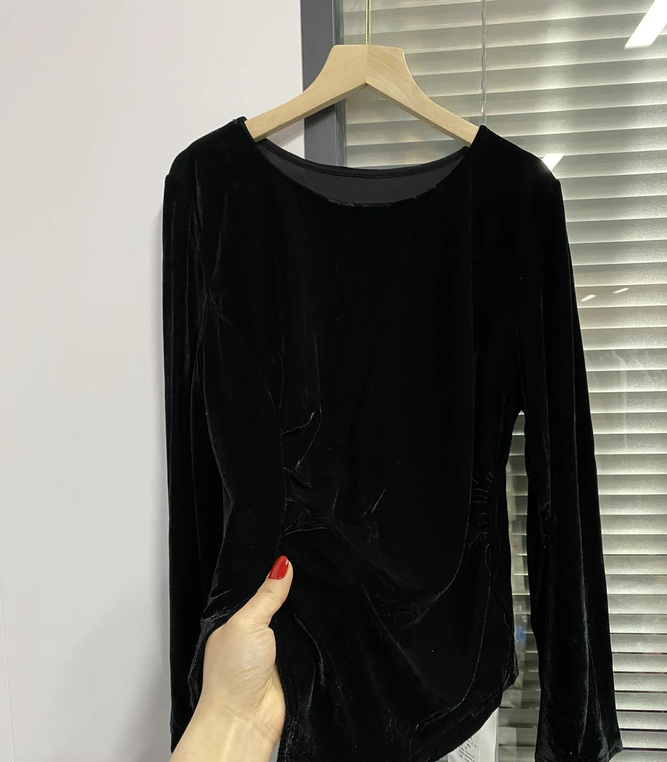 黑色金丝绒打底衫女士春秋掐腰高端上衣不规则小衫