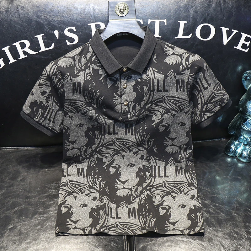 萨尔布勒斯夏季潮流欧货短袖POLO衫男士狮子印花修身翻领帅气上衣