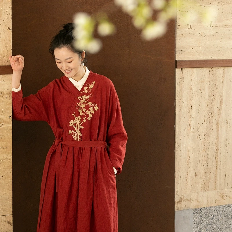 牧衣游原创刺绣进口亚麻红色连衣裙 限量福利款 晚溪不支持会员折