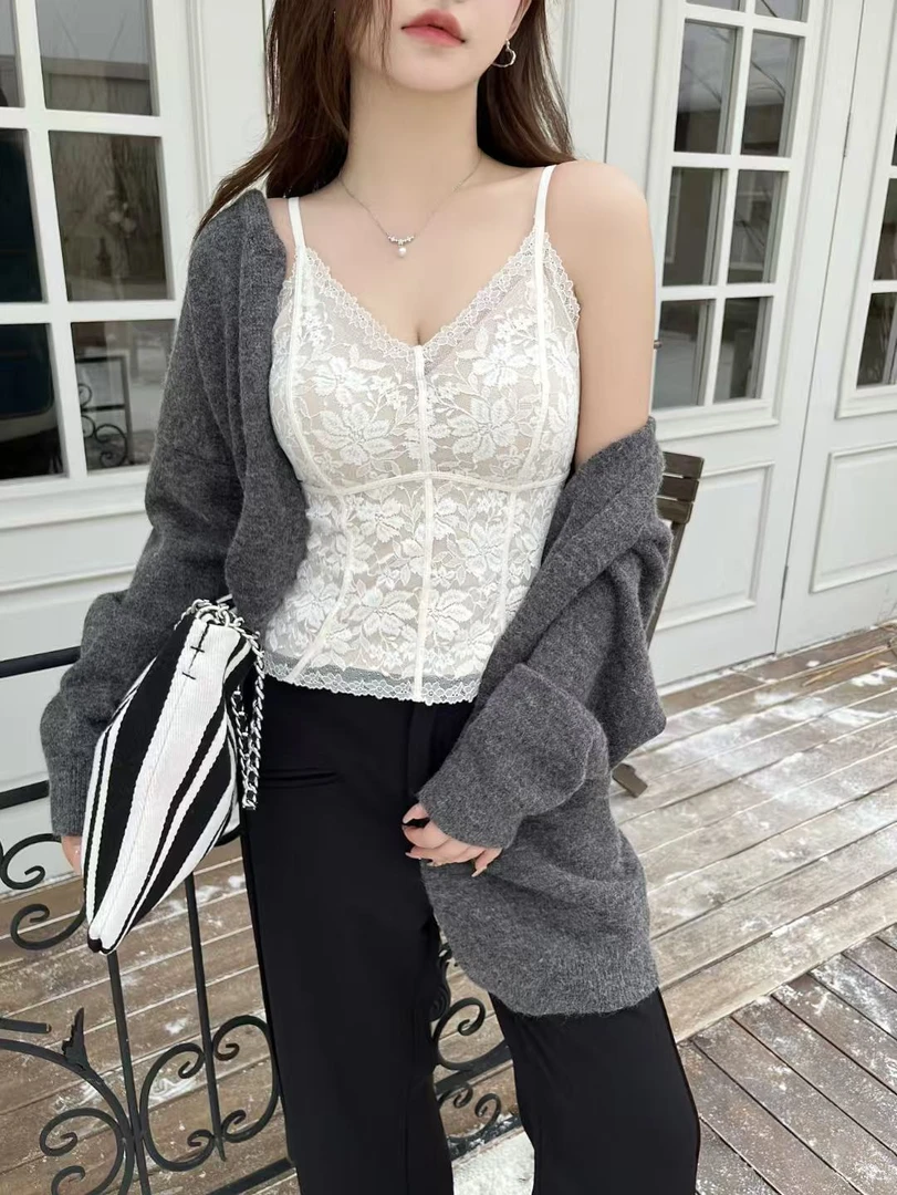 奢华风甜美风外穿打底吊带美背性感风背心蕾丝----8540
