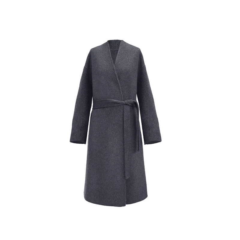 越月越Y27102女士经典V领毛呢大衣秋冬时尚双面毛呢外套中长款