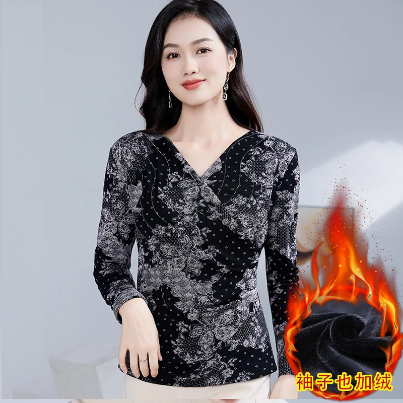 洋气印花镶钻加绒收腰打底衫交叉V领保暖褶皱遮肚女长袖洋气小衫
