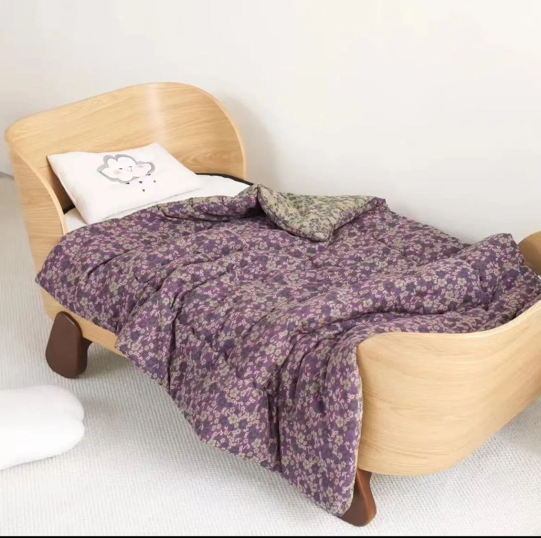 【紫色小花被子青】120*150cm紫色小花纯棉双层纱被子柔软大豆被