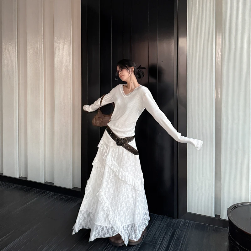 高级感蕾丝拼接a字长裙春夏新款时尚设计感不规则旋转半身裙女