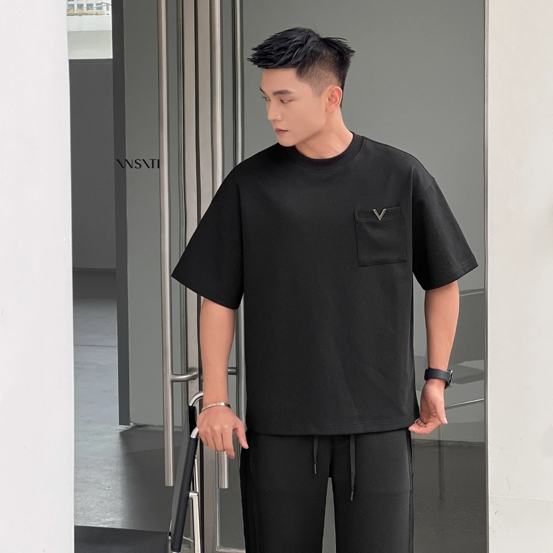 22号穿搭【金属小v设计款】小众高级感显身材纯色T恤百搭短袖男