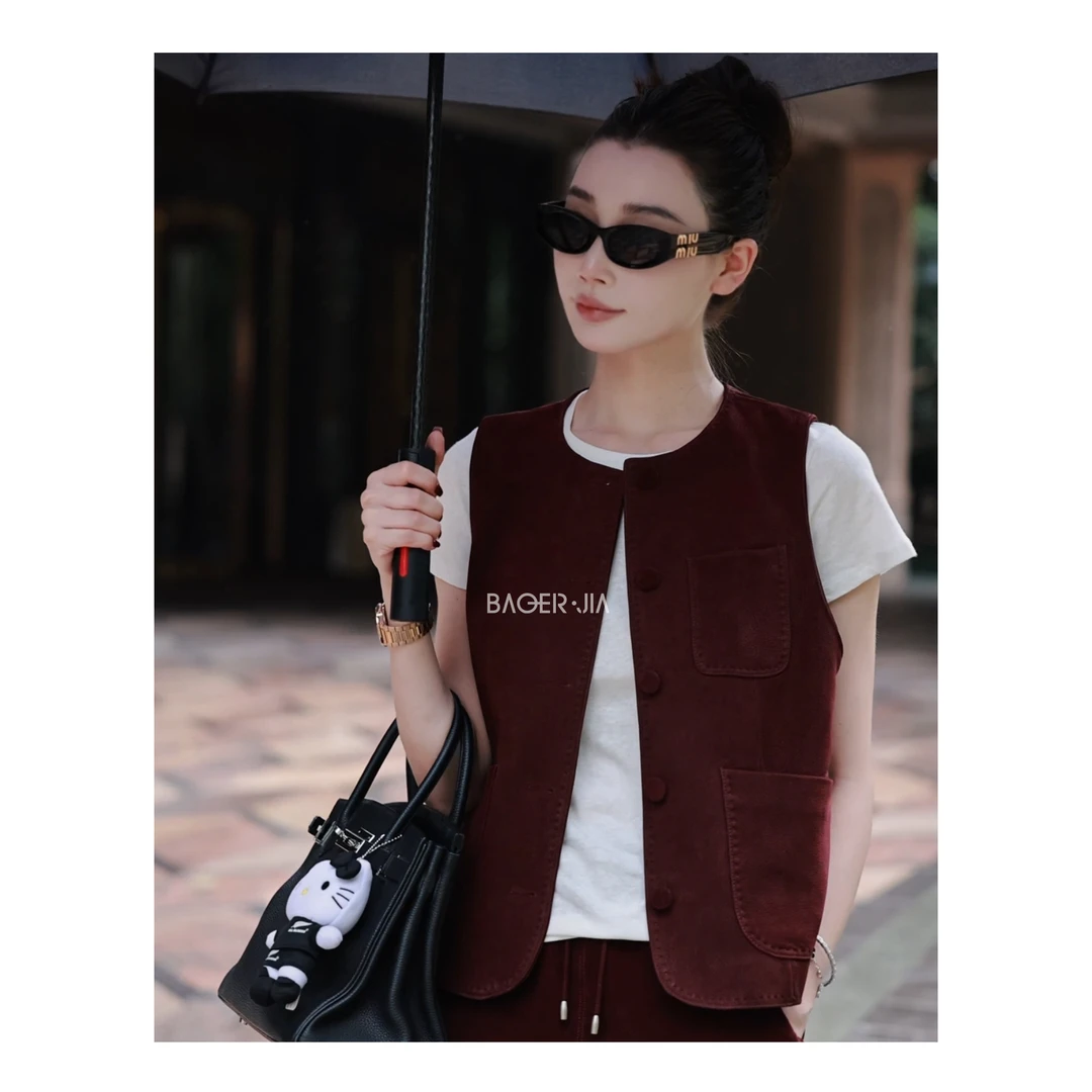 1-宝儿家含幂BJ49824308新款百搭舒适单排扣口袋时尚复古无袖马甲