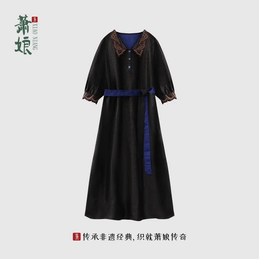 萧娘【蝶恋花】缎龟香云纱连衣裙新中式长袖国风气质长裙5475