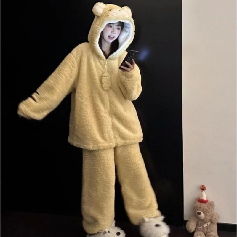 可爱黄色小老虎连帽珊瑚绒睡衣女秋冬季拉链款加绒加厚家居服套装