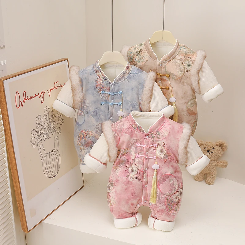 婴儿中国风冬季220克加棉连体衣新中式哈衣女宝宝加厚保暖爬爬服