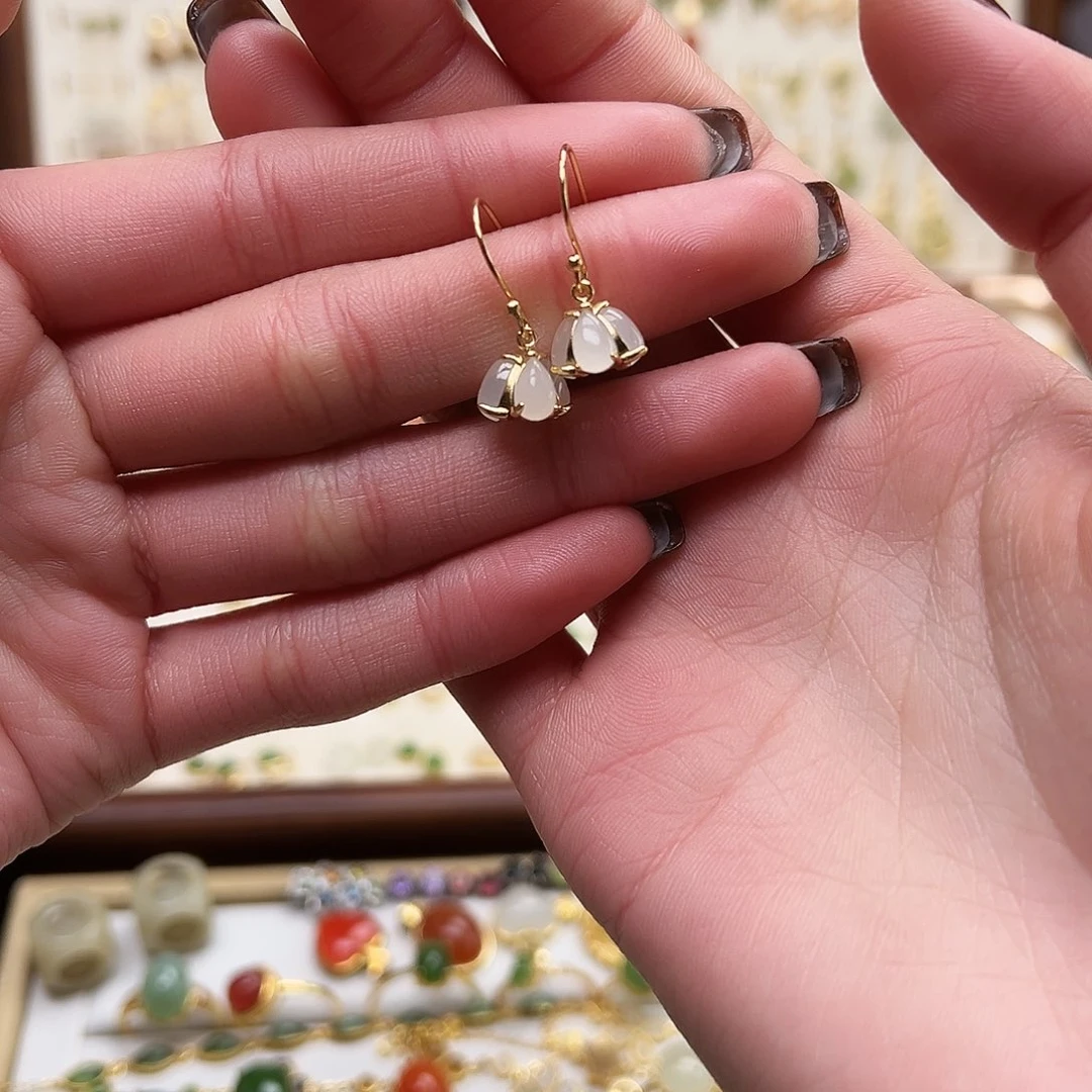 银S925镀金镶嵌和田玉耳钉