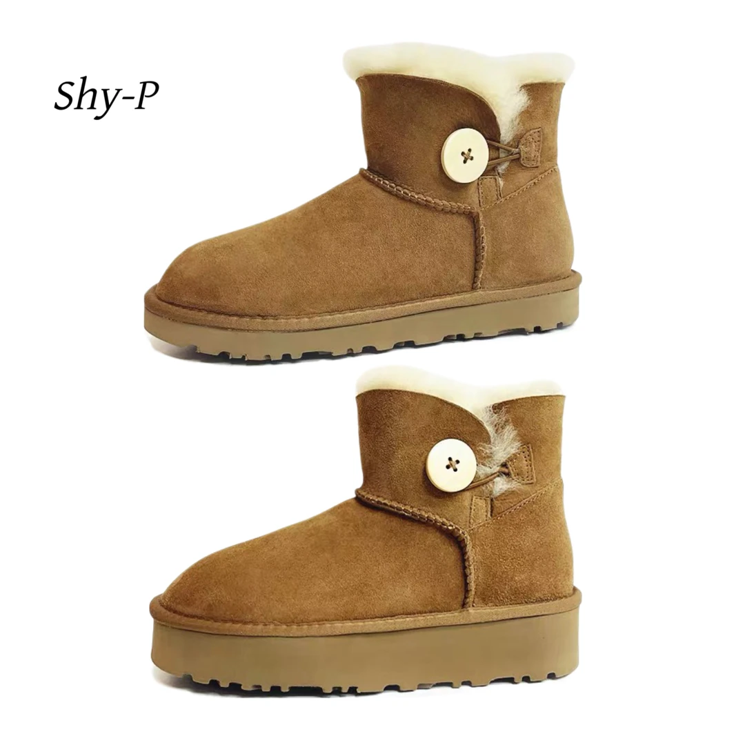 冬季雪地靴一粒扣经典女靴冬季加厚保暖厚底羊皮毛一体雪地靴女