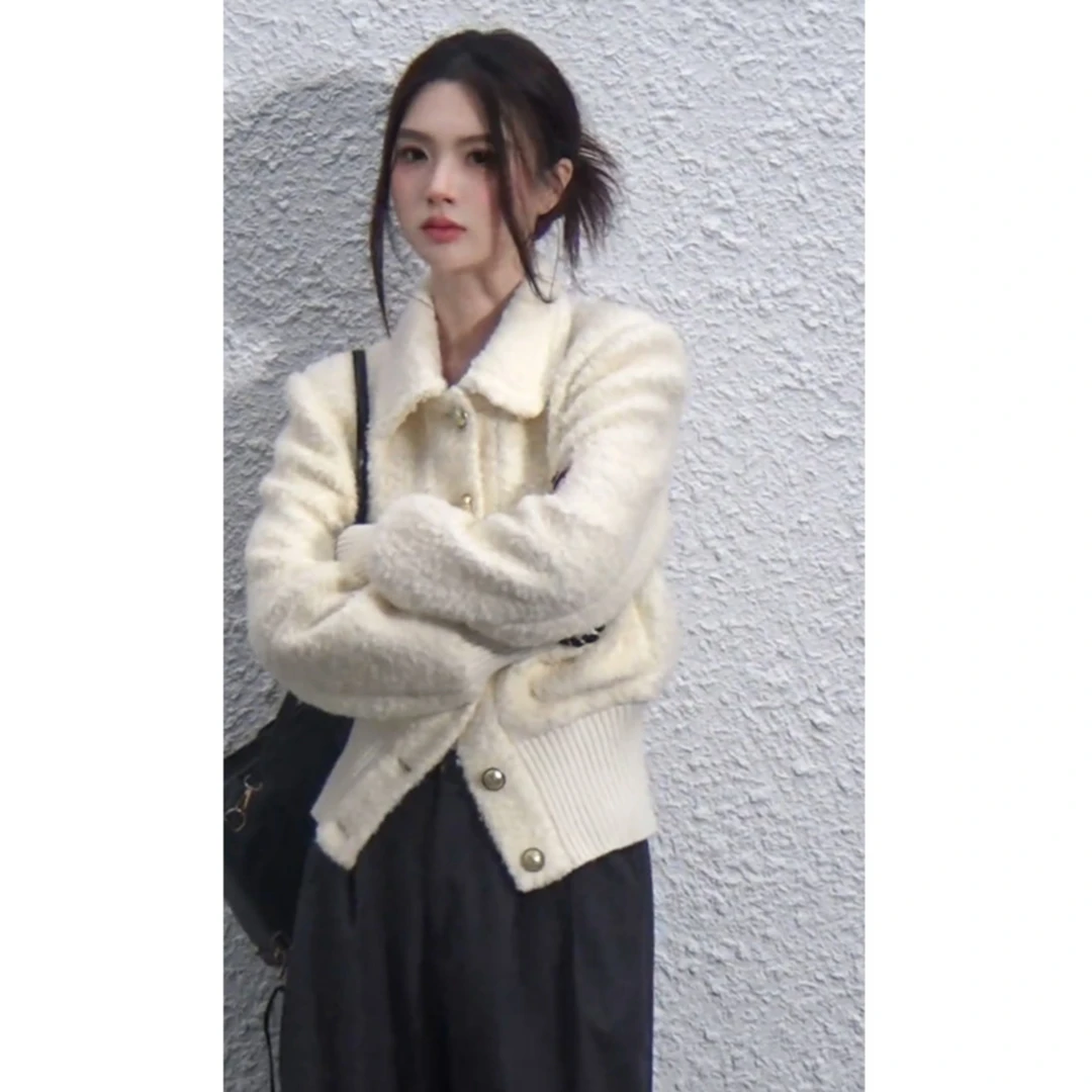 【秋冬穿搭】毛茸茸白色短款外套女2025小个子香风羊羔毛绒开衫上衣