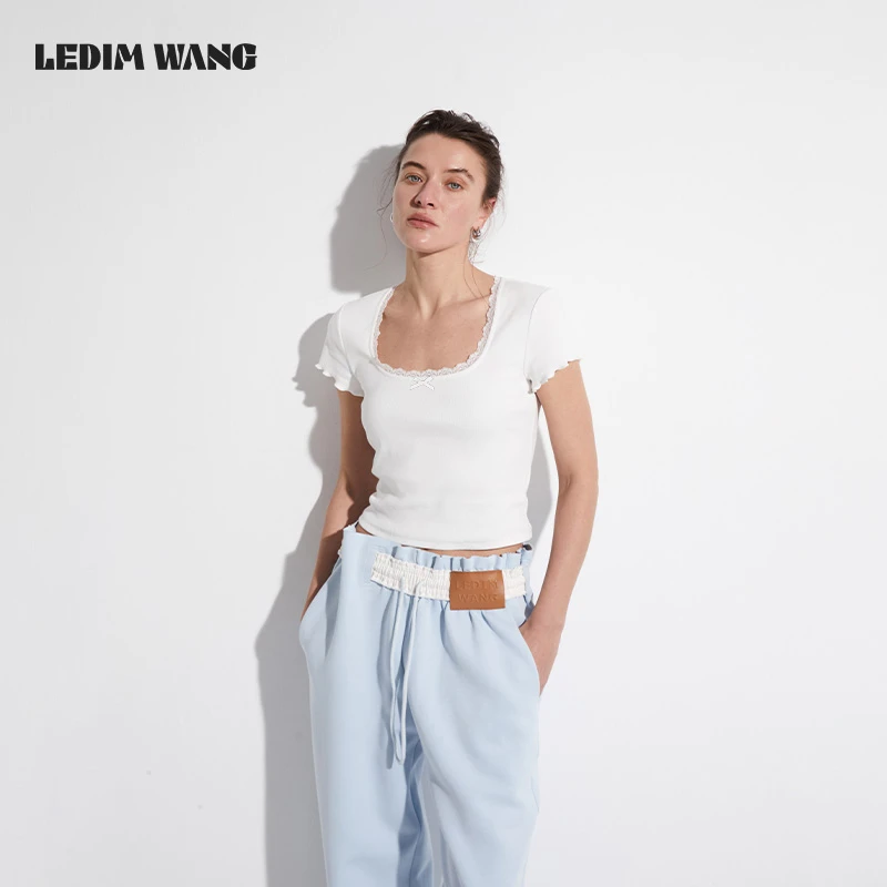 LEDIM WANG【刘雅瑟同款】低领蕾丝花边T恤女修身显瘦黑色百搭短袖