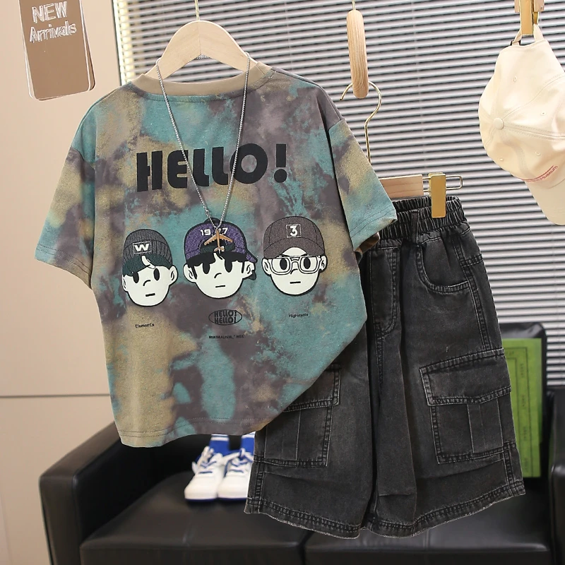 扎染童装男童短袖套装2025新款儿童夏季薄款宽松两件套吸汗百搭潮