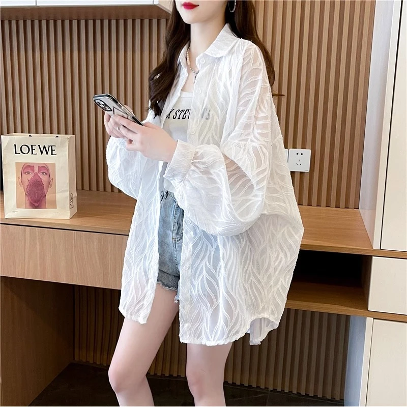 夏季中长款薄款宽松开衫防晒衬衫领外套潮
