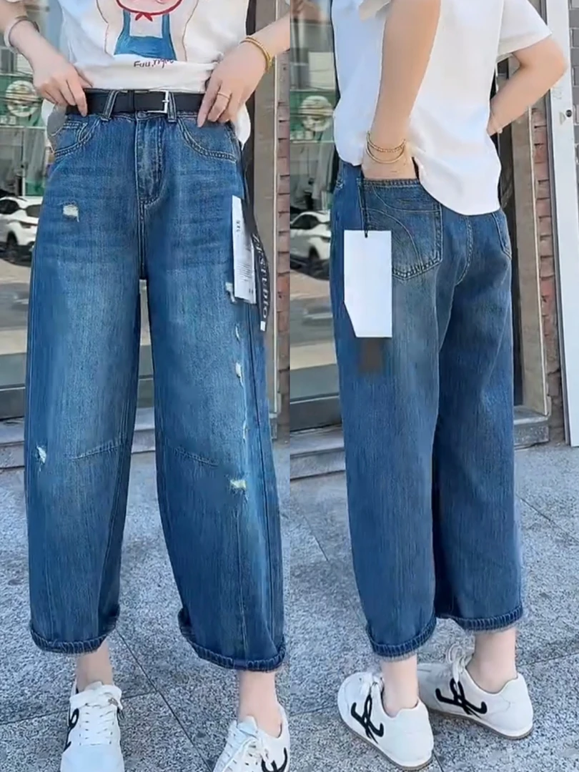 女森说新款破洞莱赛尔天丝弯刀牛仔裤女夏季薄款大码显瘦冰丝裤