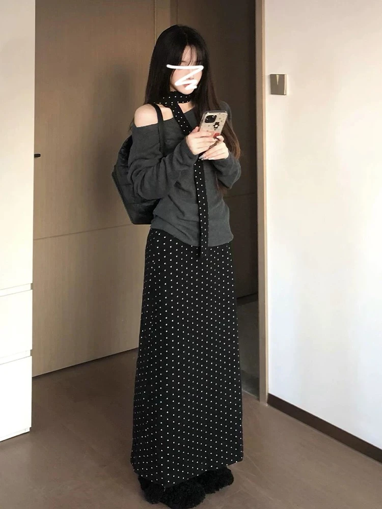 不规则灰色斜肩上衣搭配波点半裙套装-3368-3362