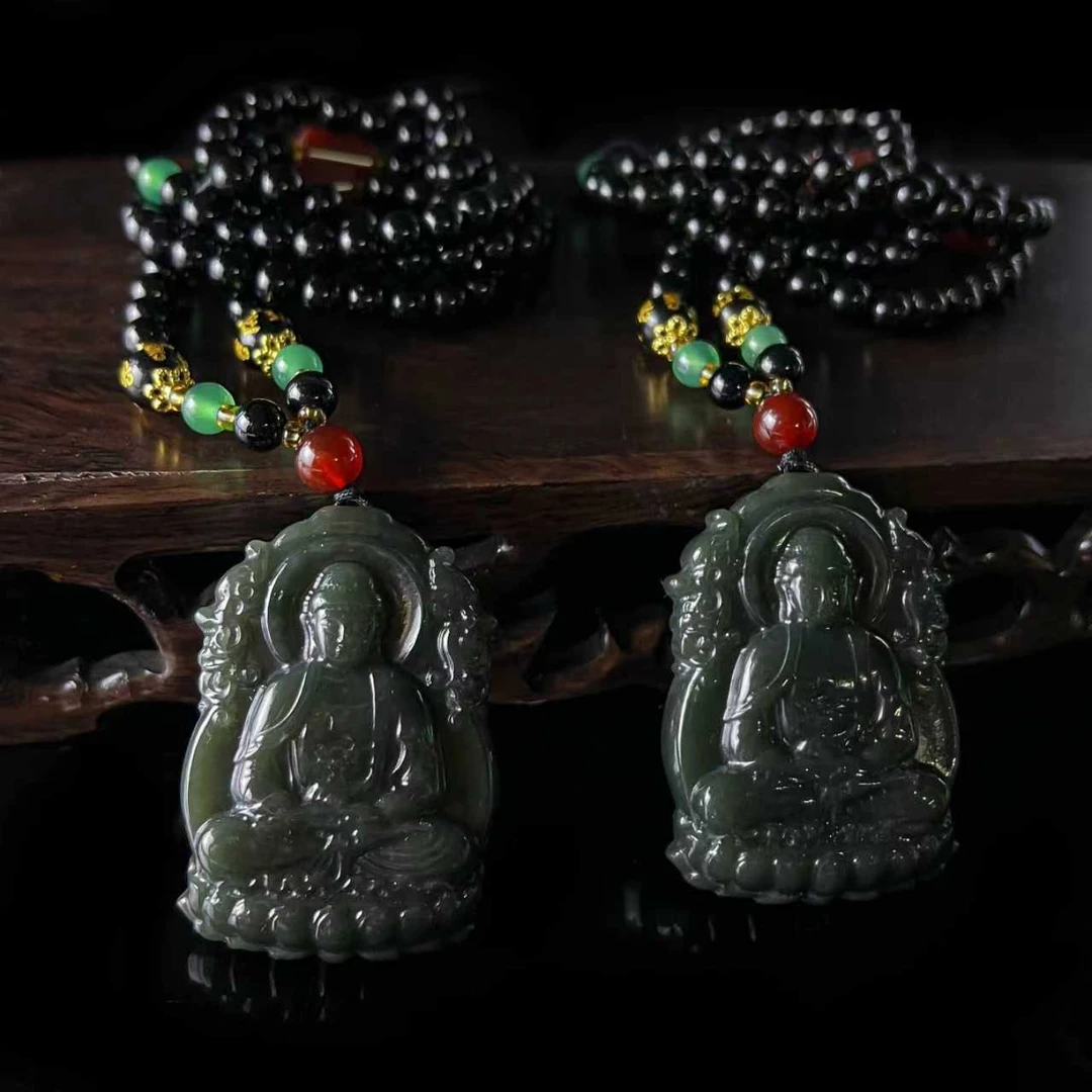 H4914高50左右一系玄天青玉和田玉如来吊坠-配珠链-多样性发其一