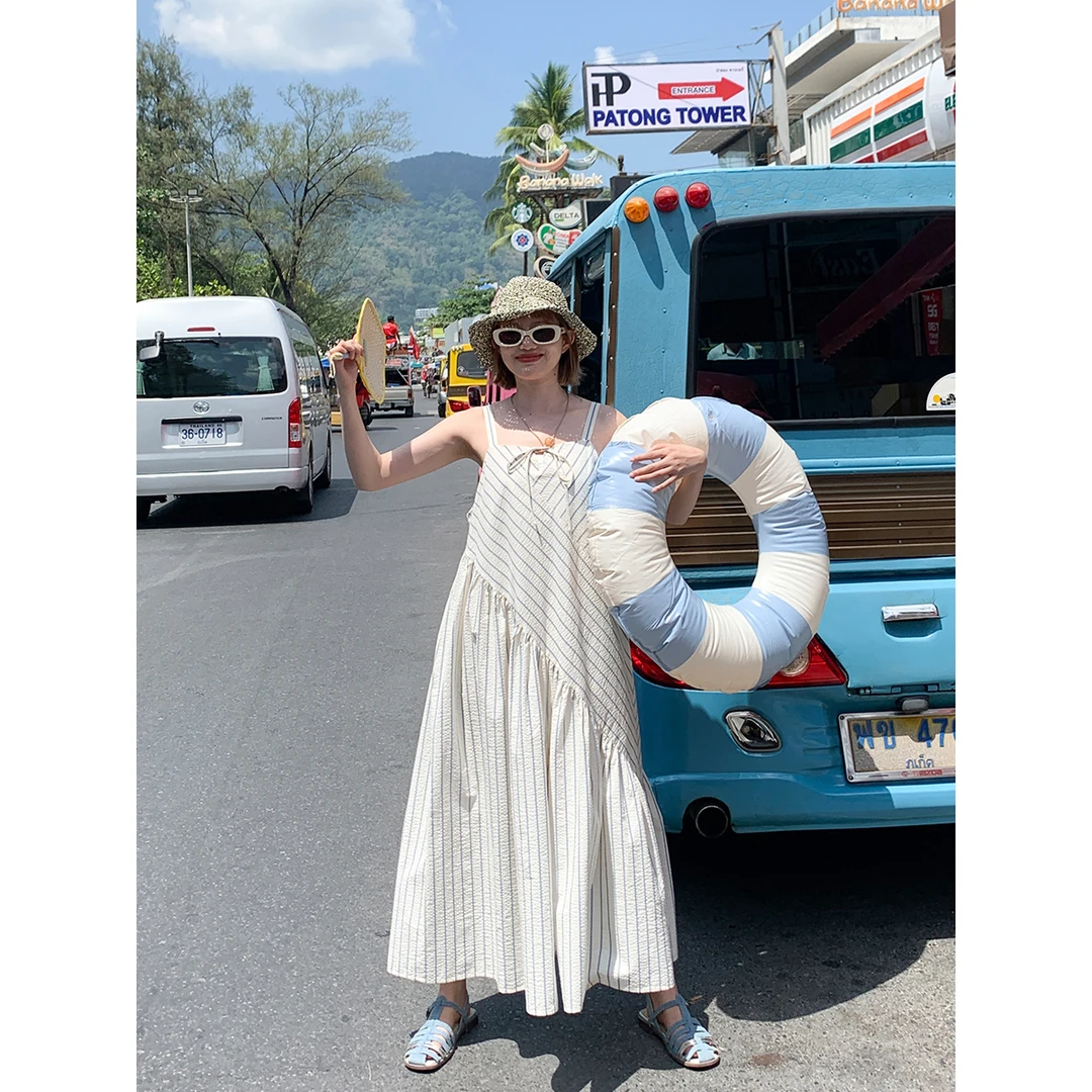 鹿与飞鸟[无尽之夏]“海盐汽水”新款条纹吊带裙裤外穿宽松5920