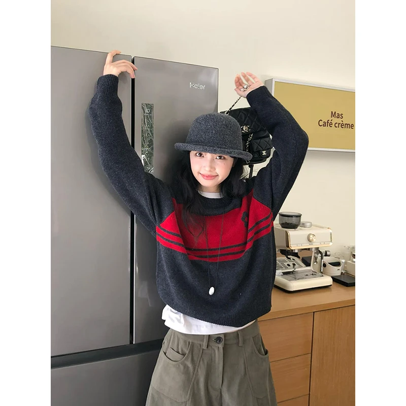 慵懒高级感灰色提花套头毛衣女秋冬季设计感小众宽松短款针织上衣