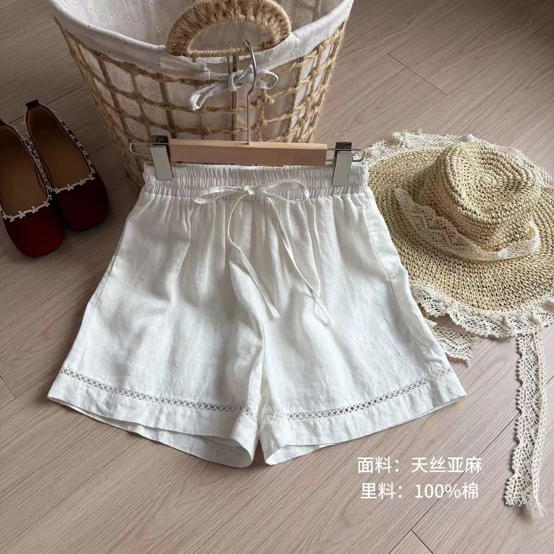 小柒家A0359-夏款外穿休闲时尚韩系松紧腰系带ins白色短裤