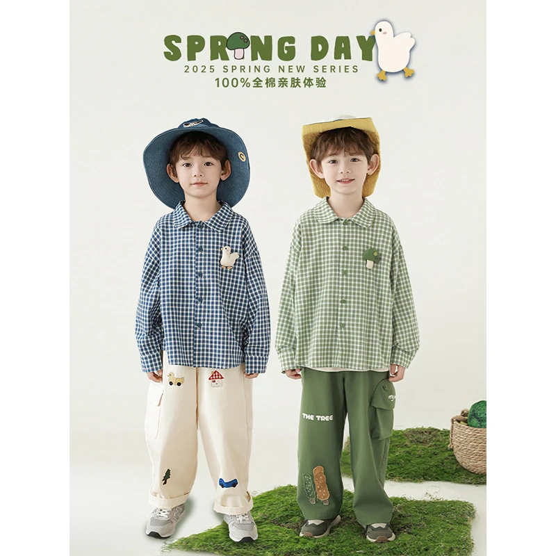 YOEHYAUL/幼悠春二波100棉竹节肌理立体玩偶文艺格子衬衫 N5999