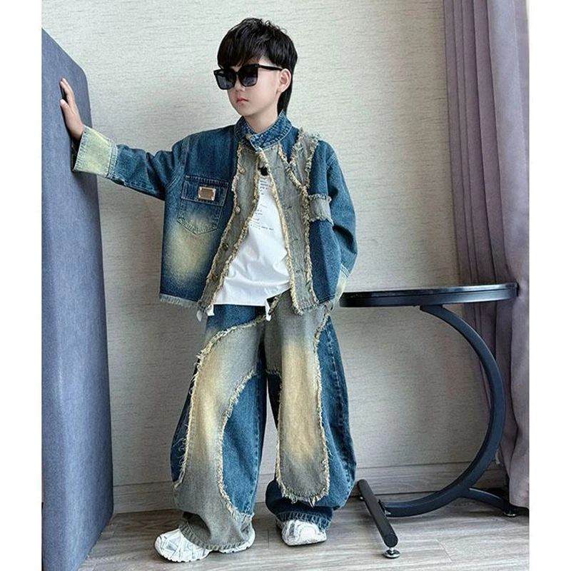 男童牛仔套装春秋装2025新款儿童洋气时髦男孩帅气秋季两件套潮酷