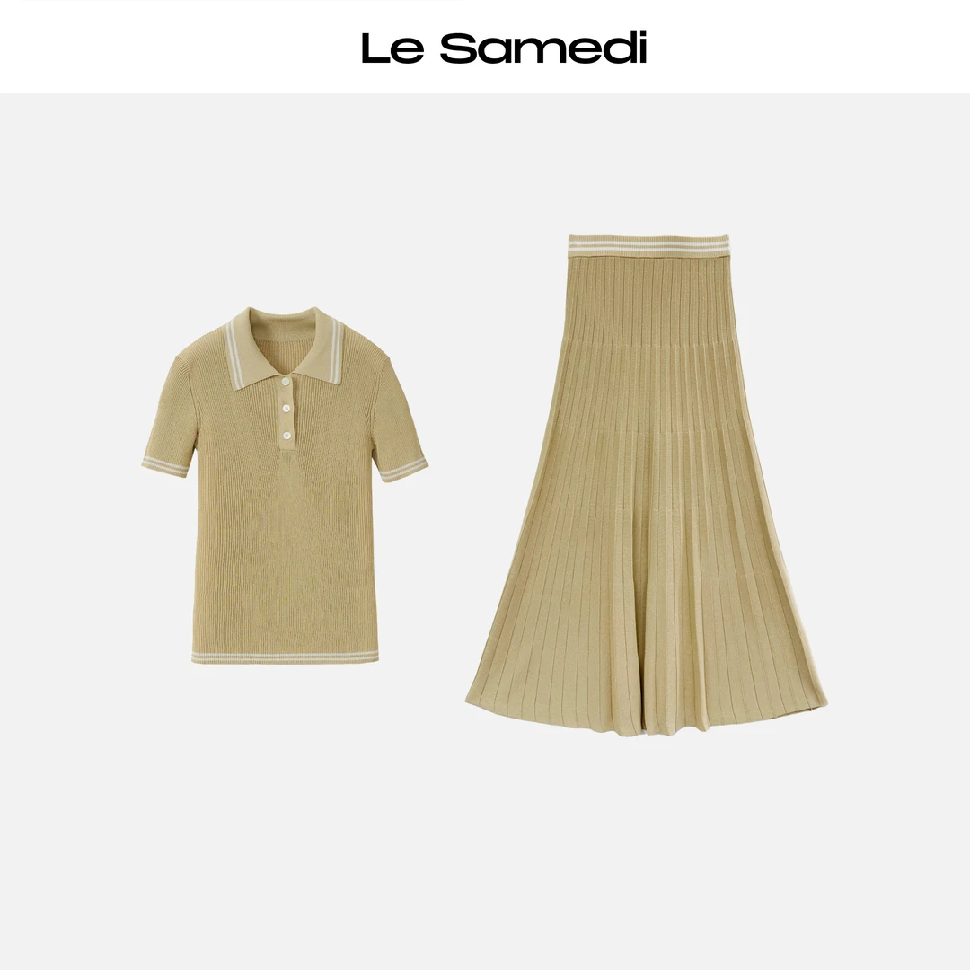 Le Samedi【比弗利小姐】千金财阀感 撞边细闪针织短袖/压褶半裙