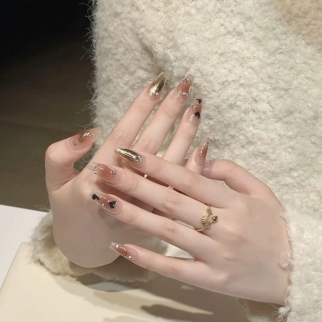 爱心美拉德纯手工光疗美甲贴果冻贴片指甲穿戴甲简约梯形重复