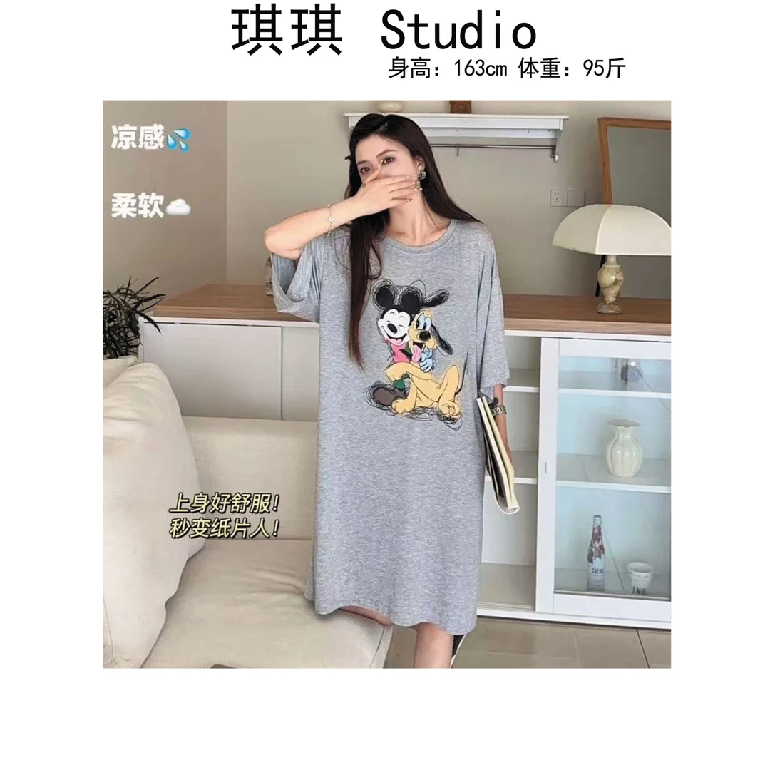《琪琪家》夏季新款甜美洋气卡通米奇休闲宽松居服睡裙-N