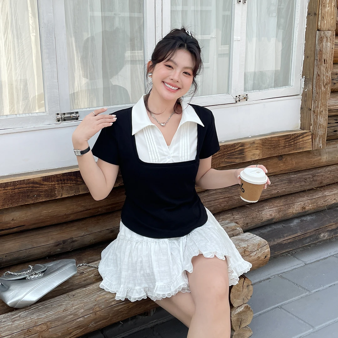 2025初夏新款设计感正肩显瘦polo翻领短袖t恤大码法式显瘦v领上衣