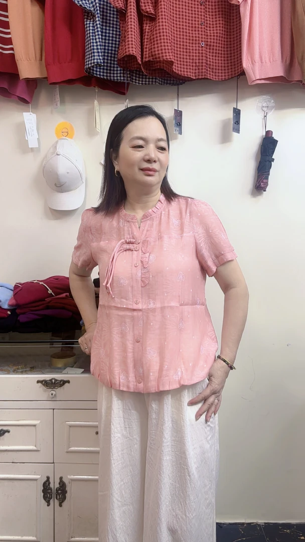 中老年女装新中式衬衣花鸟休闲纯色宽松国风