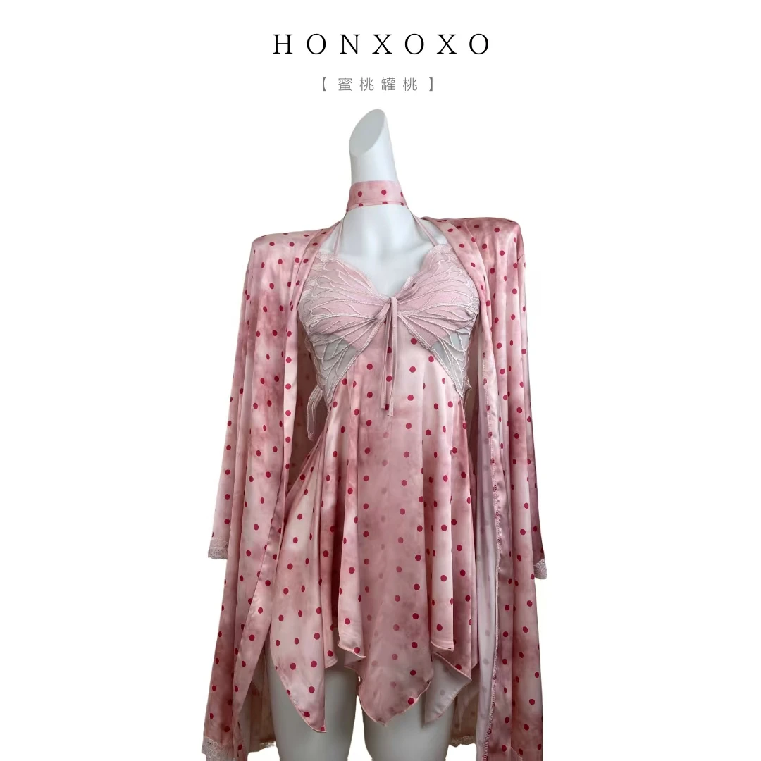 【蜜桃罐桃/丝】睡衣女款爆款2025新款纯欲风复古波点粉色冰丝套装