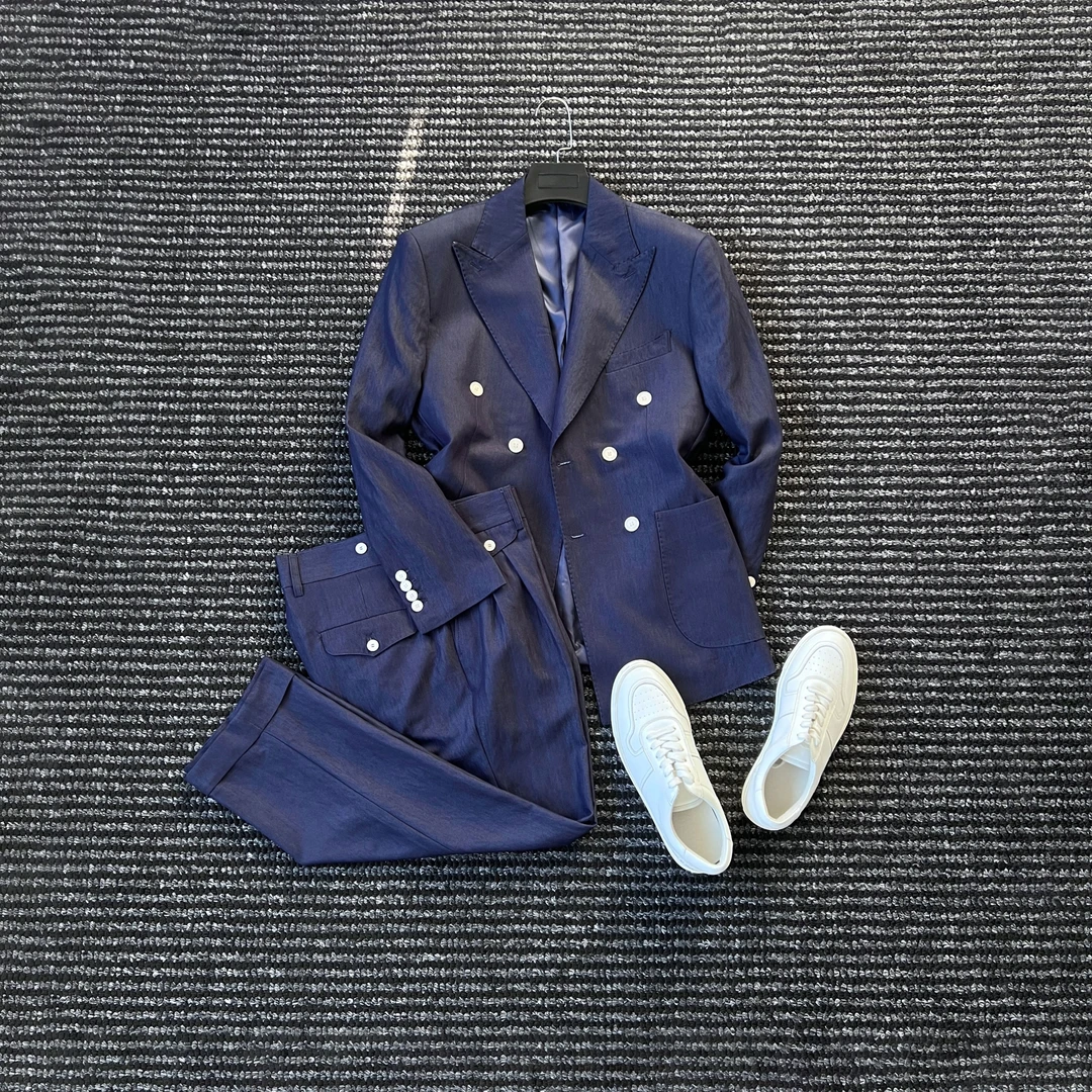 CssuGent那不勒斯皇后戗驳领双排扣早秋西服男绅士商务牛仔蓝套装