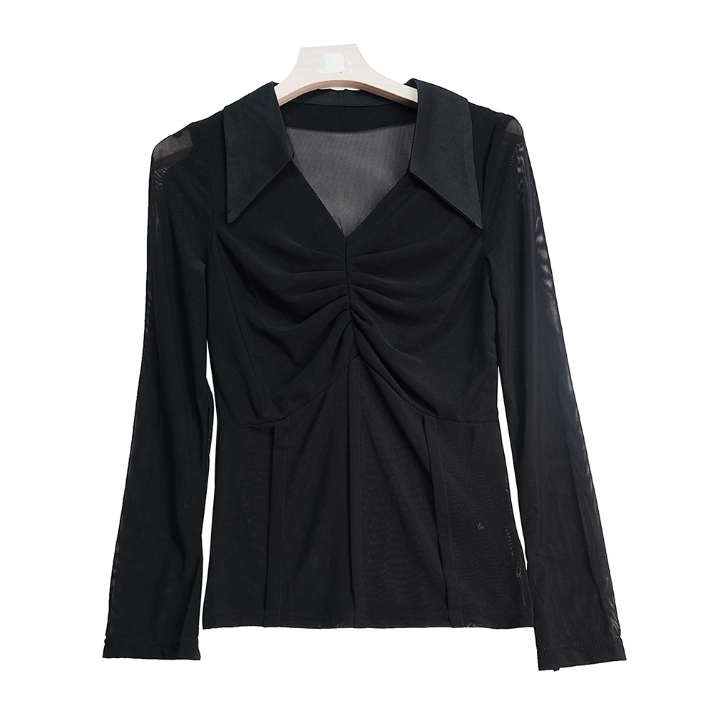 高级感V领黑色气质褶皱收腰显瘦衬衫X2437