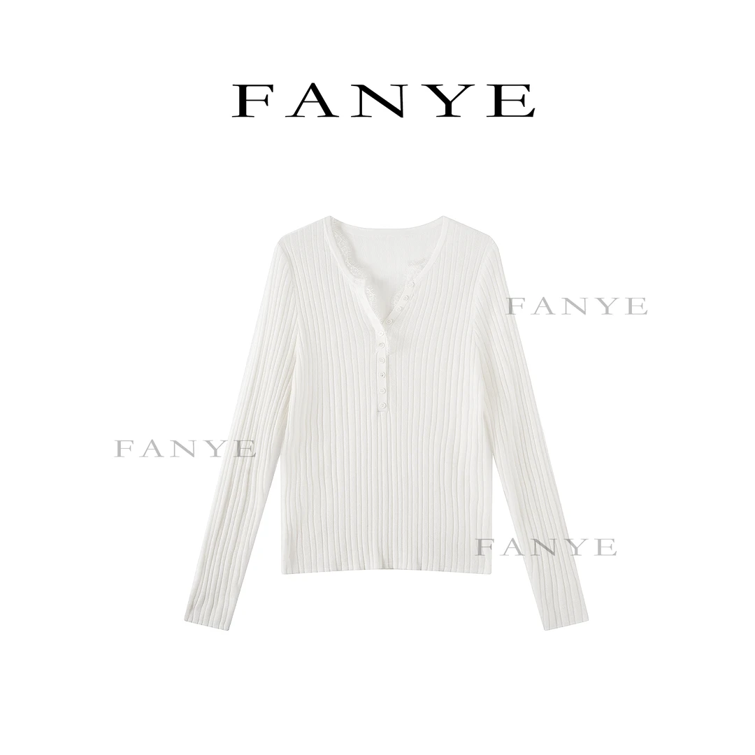 FANYE 2025冬季新款设计感蕾丝拼接V领多色针织衫4250