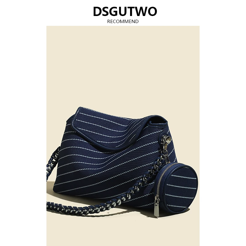 DSGUTWO 新款小众设计帆布撞色条纹小方包2025春款韩版链条时尚包