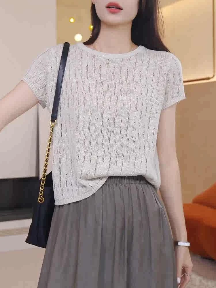 法式纯色圆领镂空冰丝针织衫短袖T恤女2025夏季新款轻薄别致上衣