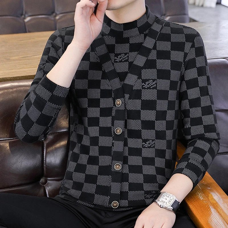 双面德绒长袖t恤男秋冬季潮牌假两件内搭秋衣个性中领欧货打底衫