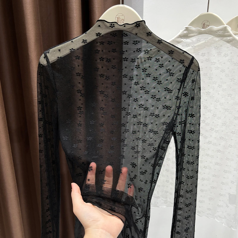 极简风黑色百搭半高领长袖微透网纱T恤2025新款轻薄内搭女装上衣