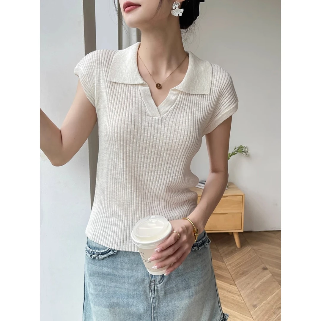 女士短袖t恤夏季米白色POLO领冰丝针织打底衫内搭上衣2025年新款