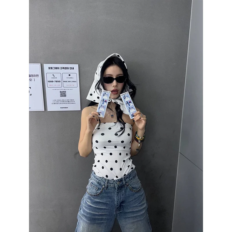 Moses Queen/魔西女王性感辣妹修身白色波点抹胸背心无袖上衣头巾