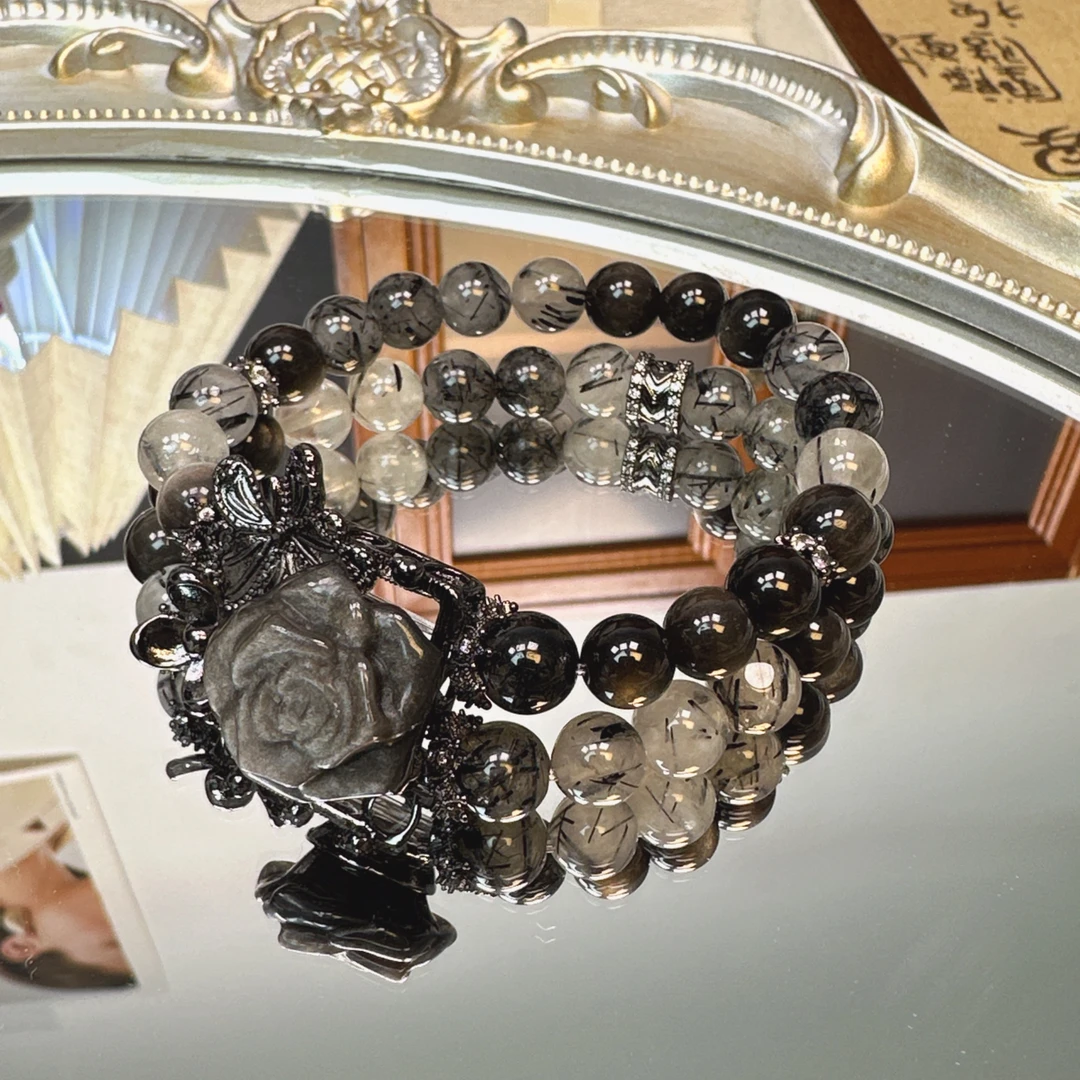 《黑玫瑰》黑曜石搭配黑发晶手串1163 颜色微差 多样性发一