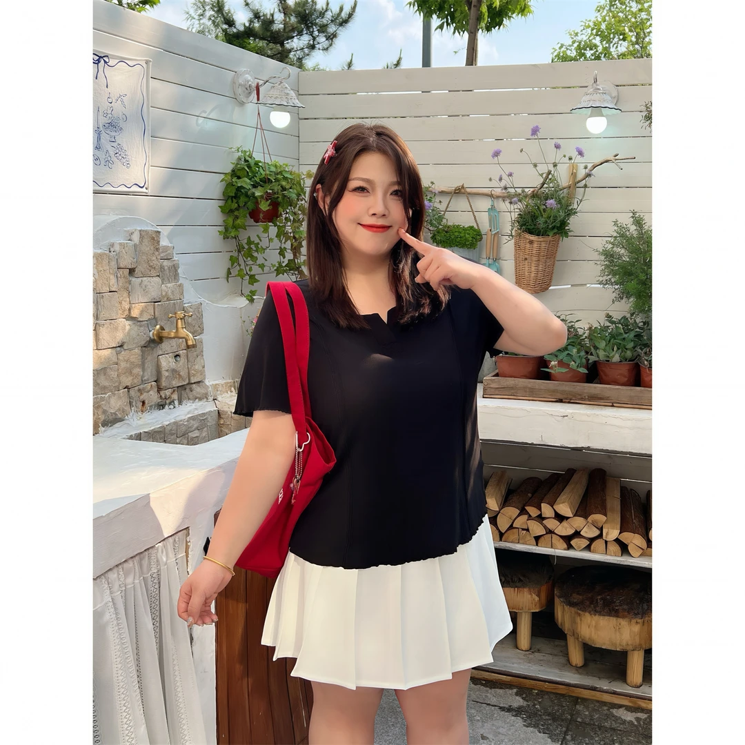 结构速写 / 莫代尔韩系波浪边设计感T恤15203花契大码200斤胖mm