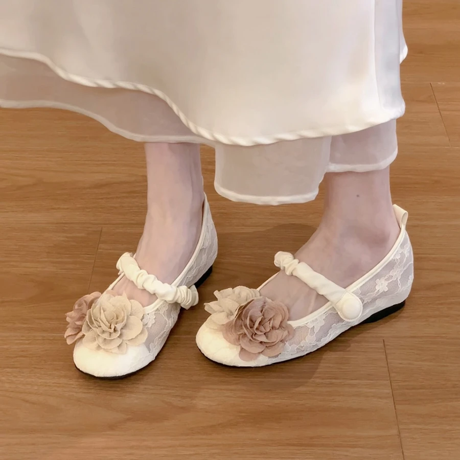 内增高花朵网面芭蕾舞单鞋女鞋子2025新款春夏季厚底玛丽珍晚晚鞋